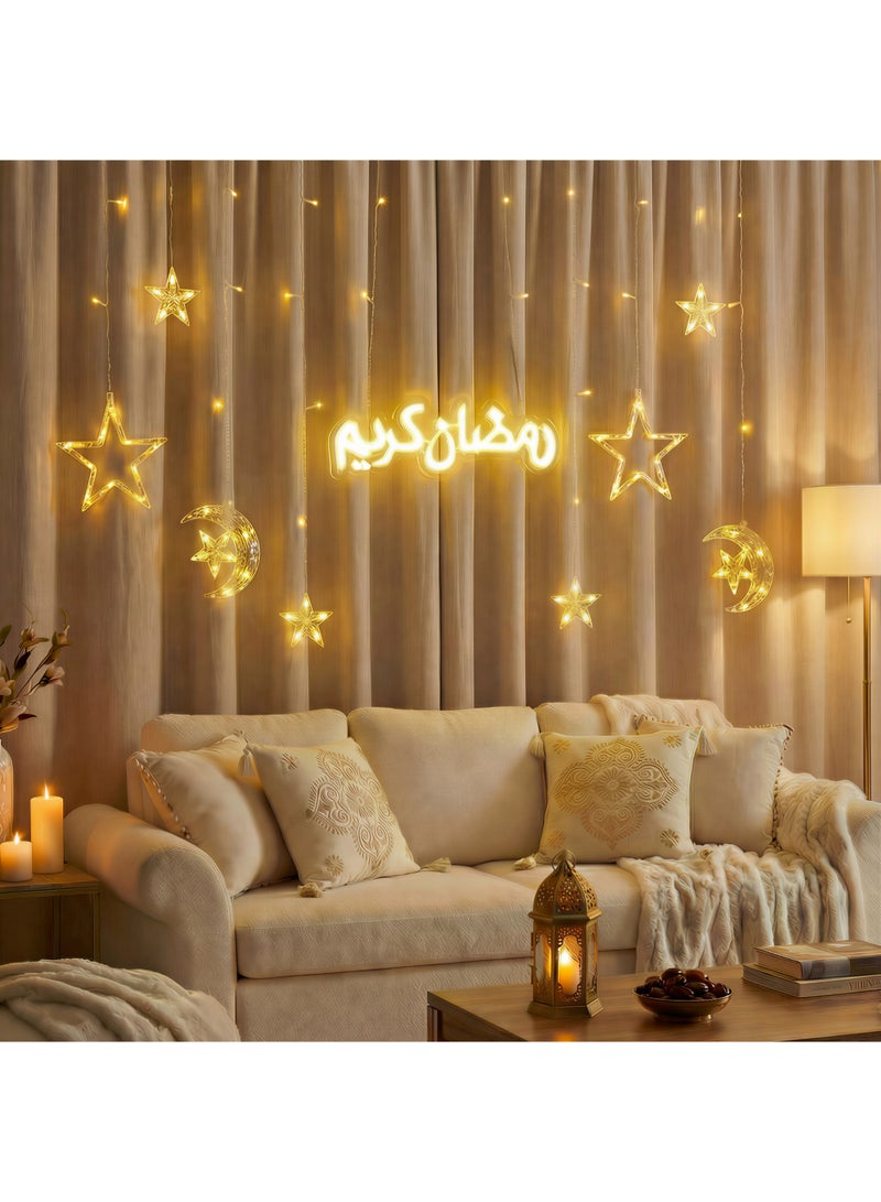 Ramadan Decorations, Ramadan Kareem Lights, Curtain String Lights, Islamic Decor, Crescent Moon and Star Lights, Festive Home Decor, LED Holiday Lights, Ramadan Mubarak. 3 Meter